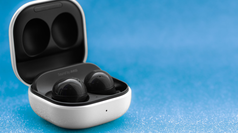 The Samsung Galaxy Buds 2 on a blue background.