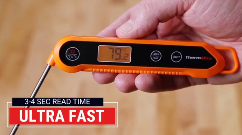 A hand holding the ThermoPro Waterproof Digital Instant Read Meat Thermometer displaying 79.2 degrees Fahrenheit.
