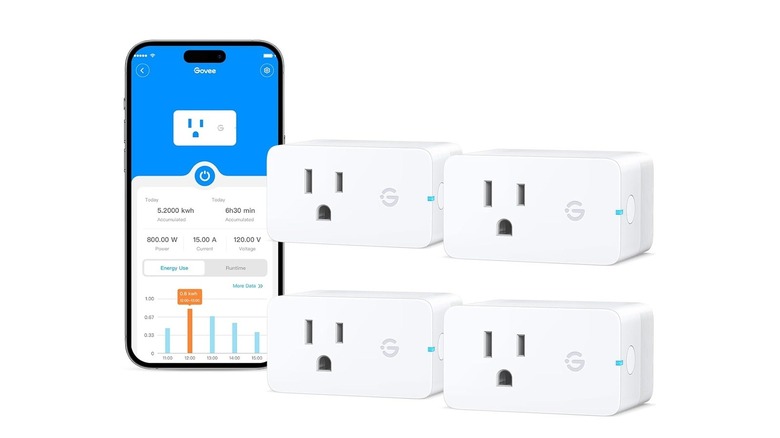 Four units of the Govee H5086 smart plug with their companion app running on a smartphone, all against a white background.
