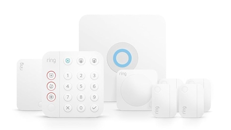 The eight-piece Ring Alarm security system kit against a white background.