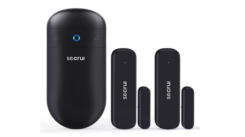 The receiver and sensors of the Secrui ‎SB-124 door alarm against a white background.