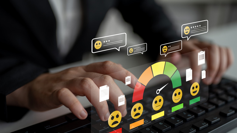 Holographic image of a user rating meter ranging from positive to negative.