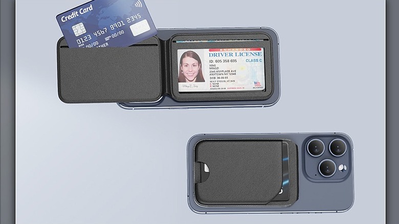 Magnetic wallet with ID card and Credit card mounted on the back of an iPhone.