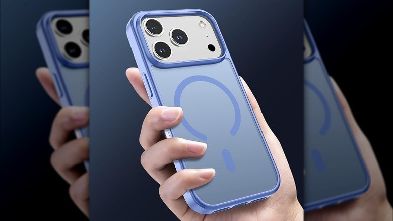 Blue magnetic case on an iPhone 17 Pro.