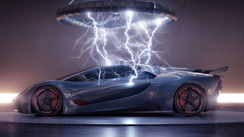 Gray sports car struck by simulated lightning