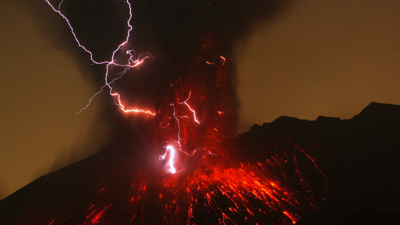 Lightning strike during volcano eruption