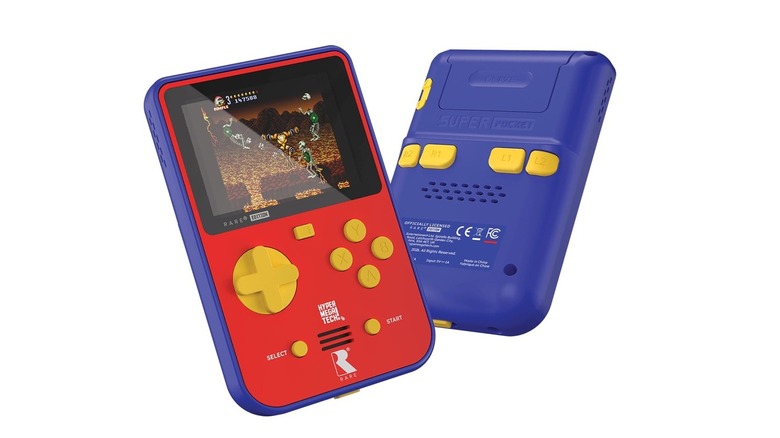 The front and back of the HyperMegaTech! Rare Super Pocket handheld gaming console, on a white background.