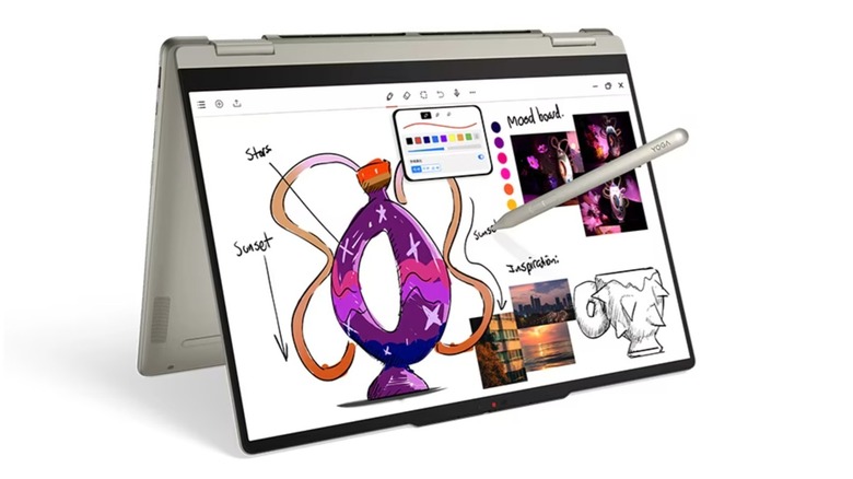 A stylus drawing on the screen of the Lenovo Yoga 7a 2-in-1 laptop (14-inch).