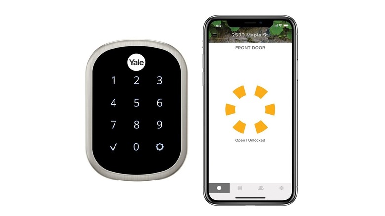The Yale Assure Lock SL smart lock with its companion app on a white background.