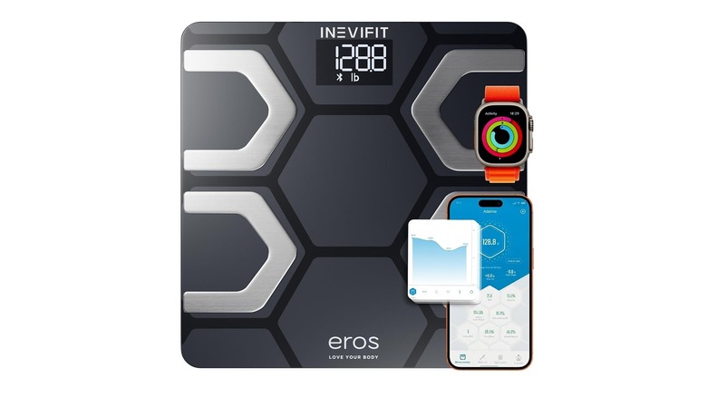 The Inevifit EROS smart scale with its companion app and a smartwatch on a white background.