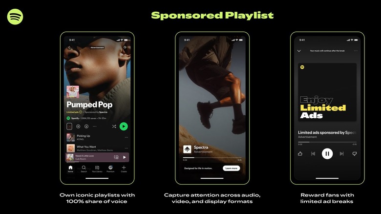 Spotify Sponsored Playlist sample on multiple smartphone screens