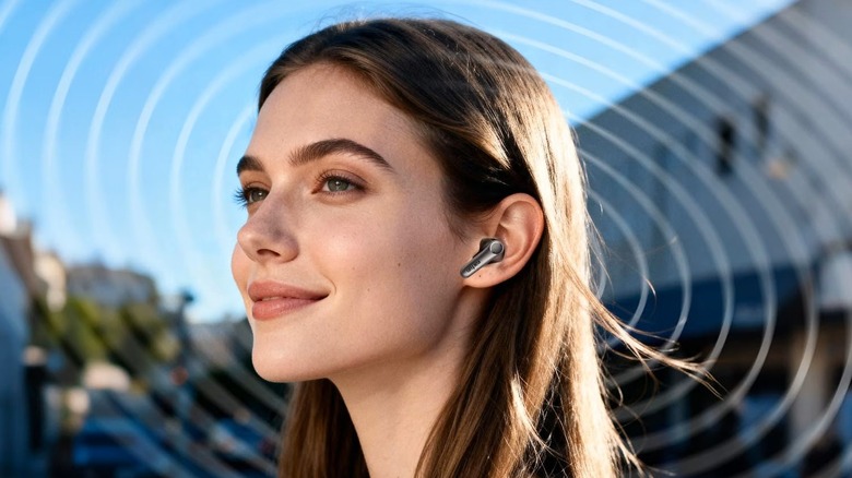 A smiling woman wears EarFun buds.