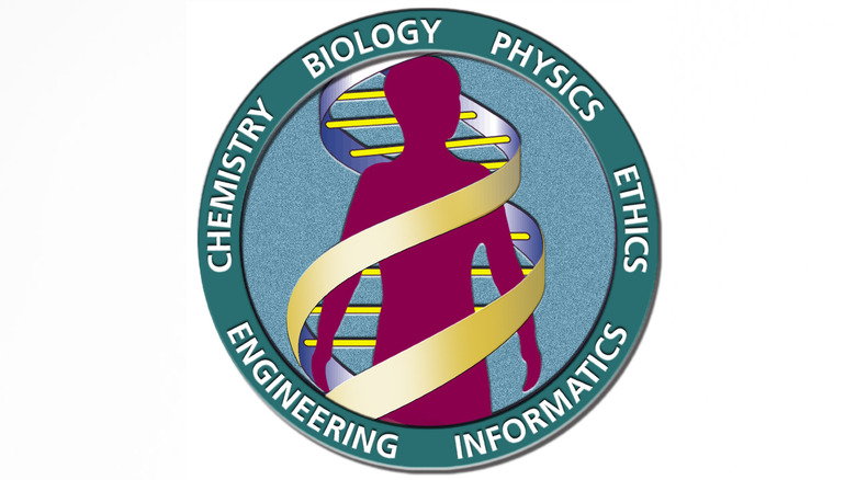 The Human Genome Project Logo, depicting a person within a strand of DNA