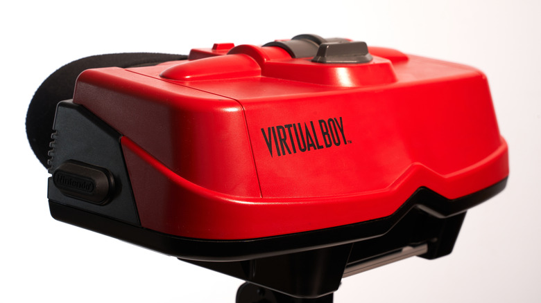 A Nintendo Virtual Boy tabletop VR gaming headset against a white background.