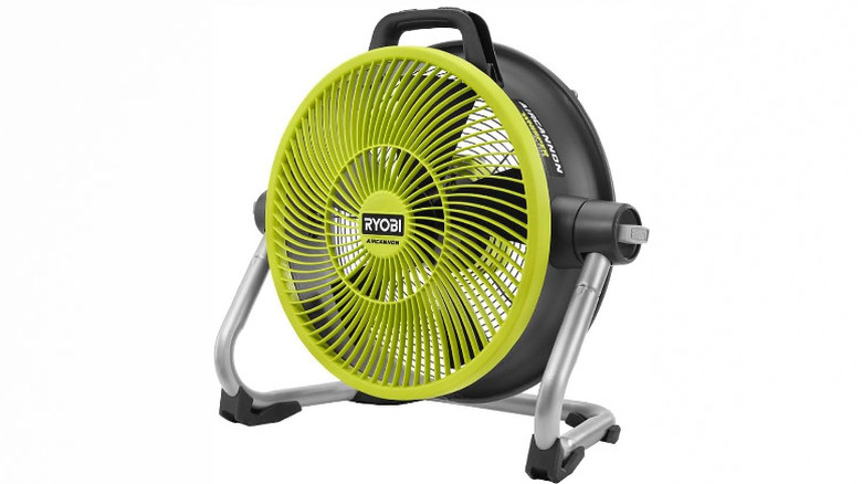 The Ryobi 18V One+ Hybrid Whisper Series Misting Air Cannon (it's a fan) against a white background