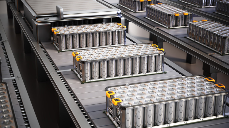 A CG render of EV batteries on a construction line.