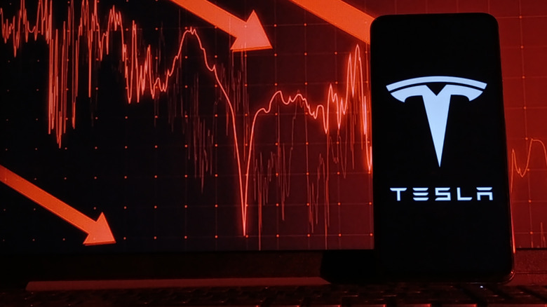 A Tesla logo with a chart in the background showing falling values.