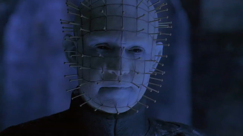 Still from the movie Hellraiser Deader showing the iconic villain, the Pinhead