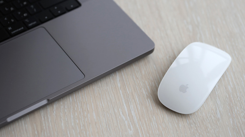 A white Apple Magic Mouse sits on a light wooden desk alongside a dark gray laptop.