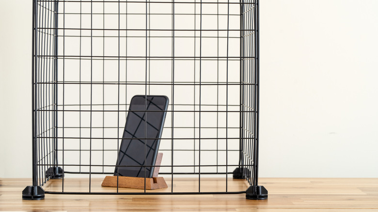 A smartphone sitting inside a cage to represent a detox or retraining to use voice assistants only