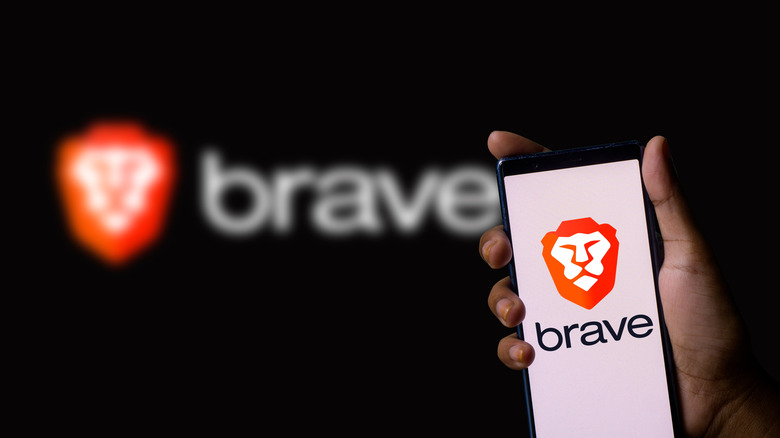 Brave browser logo on monitor and mobile screen
