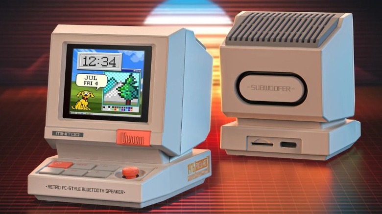 Front and back view of the Divoom MiniToo Retro speaker.