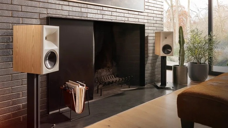 Klipsch The Nines II bookshelf speakers in a modern living room setting.