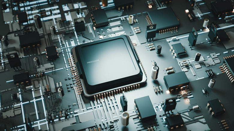 A stylized close-up rendering of a computer processor mounted on a motherboard.