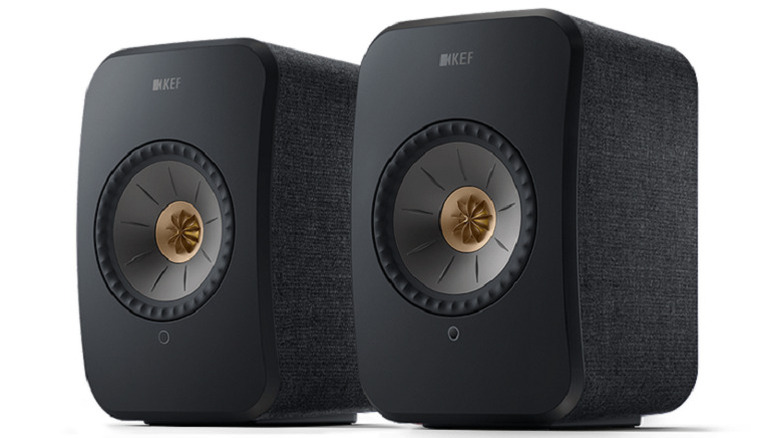 Black KEF LSX II Wireless Active Bookshelf Speakers against a white background.