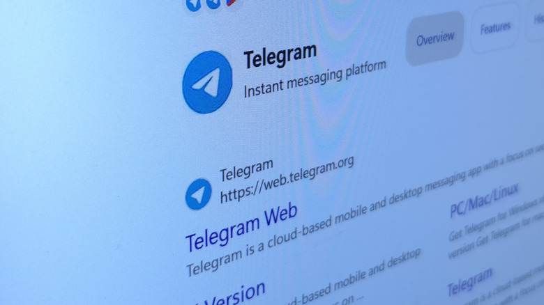 Details about Telegram open in a search engine in a PC's web browser