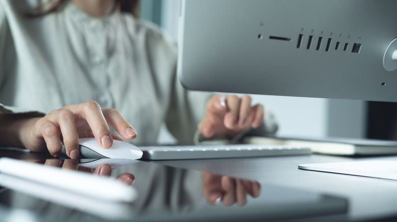 A person using a mouse and keyboard to navigate a computer