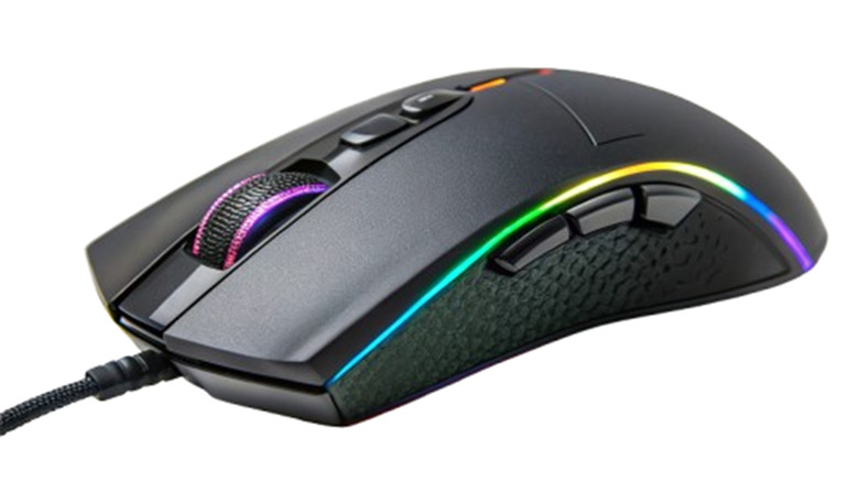 A gaming mouse on a white background with RGB lighting and multiple buttons