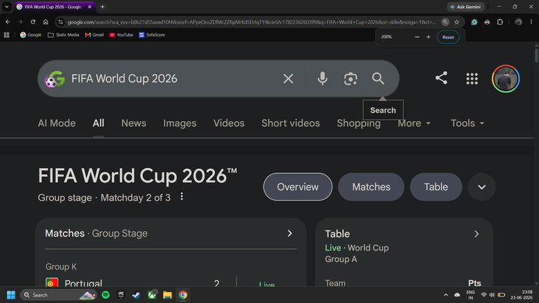 A screenshot of Google Chrome with a Google Search of the FIFA World Cup 2026 zoomed in at 200%
