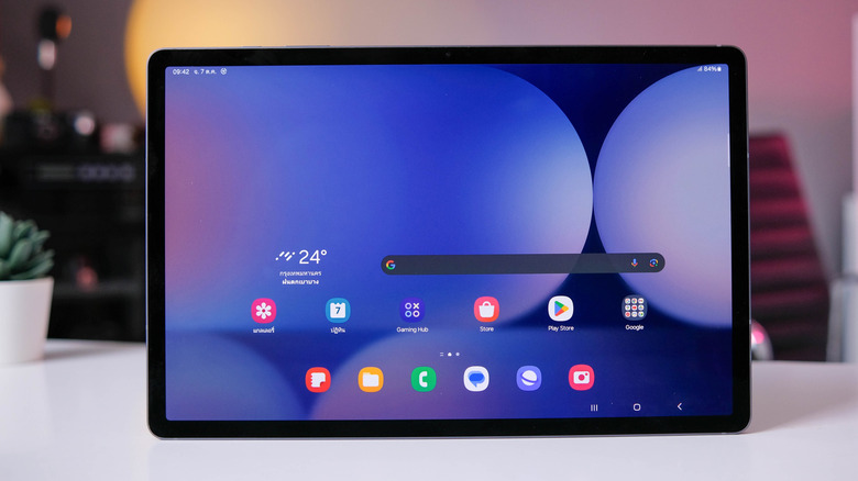 A Samsung Galaxy tablet on a desk.