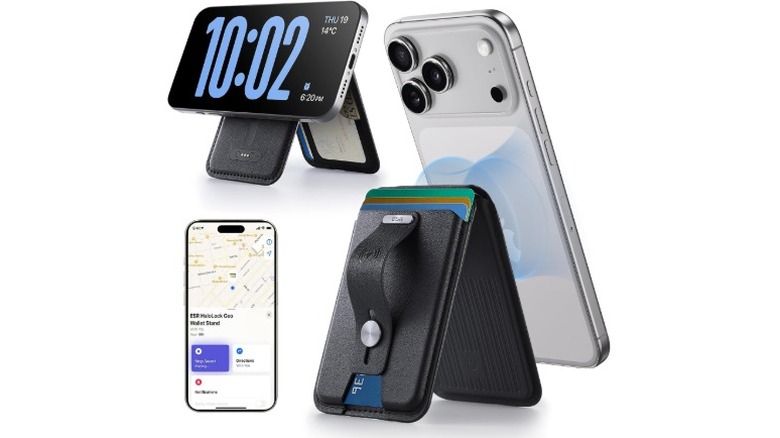 A product render of the ESR Geo MagSafe Wallet, showing the wallet attaching to the iPhone, Standby Mode, and the Find My app functionality.