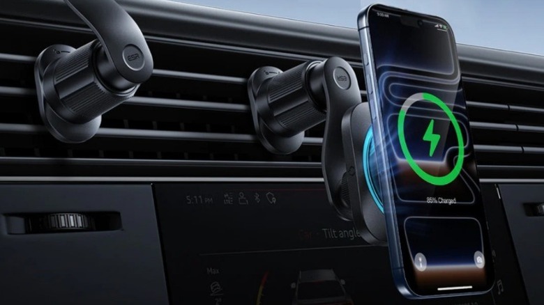 An image of the ESR OmniLock Car Mount attached to a car's AC vents, and an iPhone is attached to the charger showing 80% charge.