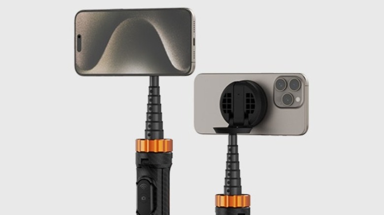 A product render of two K&F Concept Magnetic Selfie Sticks holding up a Natural Titanium iPhone 15 Pro.