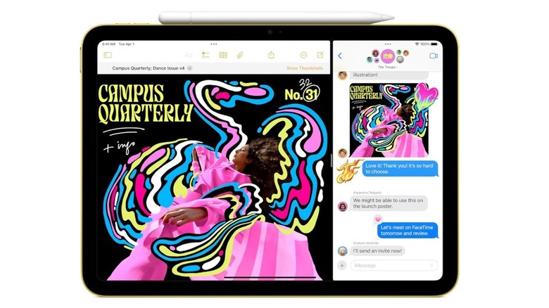 An 11th generation iPad with a dynamic and colorful background