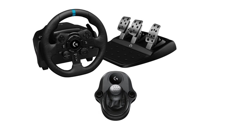 The components of the Logitech G923 SE racing wheel combo, on a white background.