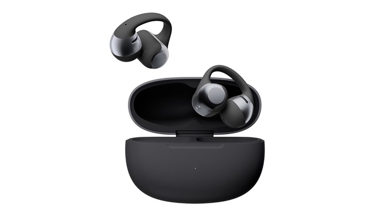 The Shokz OpenDots One open-ear wireless earbuds with their charging case, on a white background.
