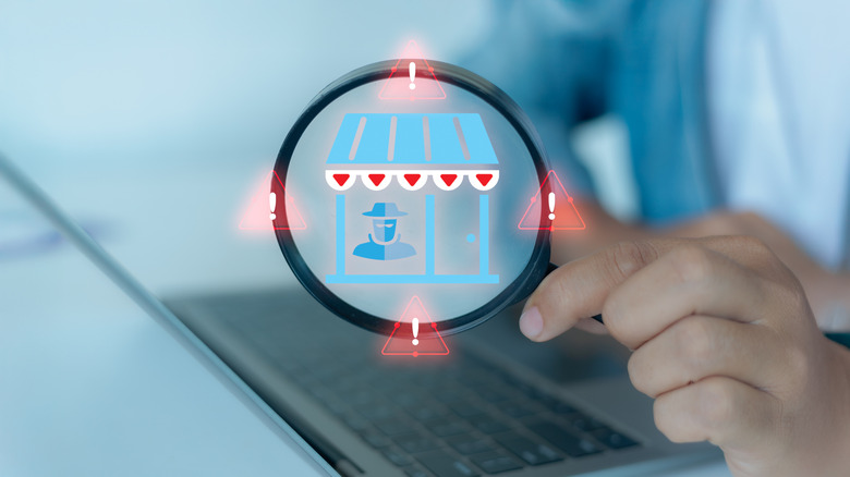 A graphic showing a shady figure inside an online store symbol under a magnifying glass.