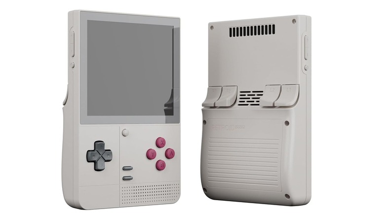 The front and back of the Retroid Pocket Classic retro handheld console.