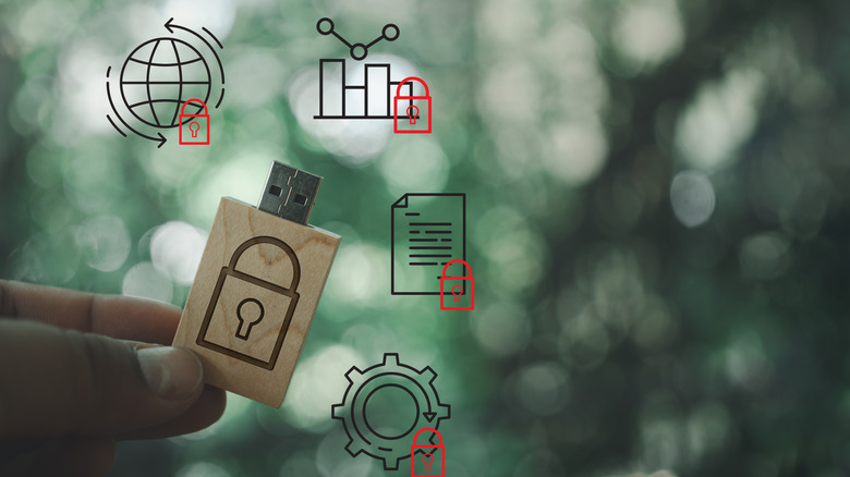 fingers holding a USB drive with lock sign