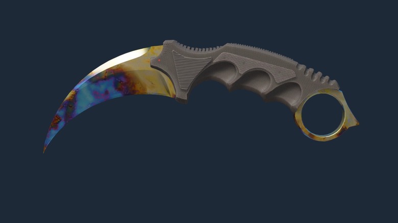 This curved karambit knife with a highly polished blade featuring a colorful iridescent finish is an in-game cosmetic worth $1,700.