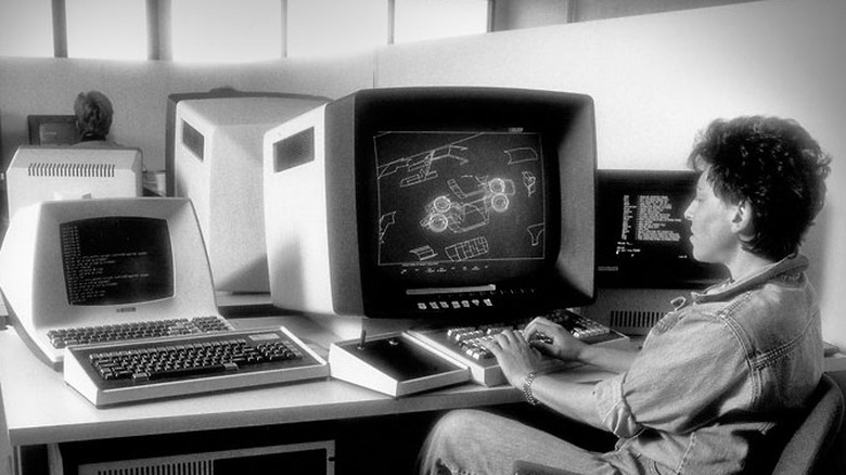 Photograph of Shelley Lake at Digital Productions in 1983 choreographing a scene from The Last Starfighter