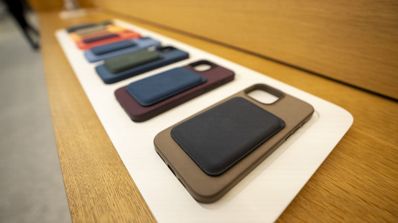iPhone 15 accessories in an Apple retail store.