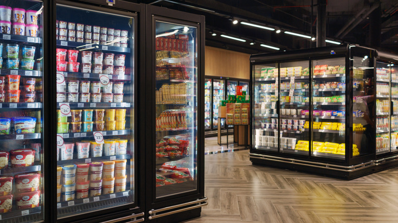 Rows of refrigerated units in a supermarket