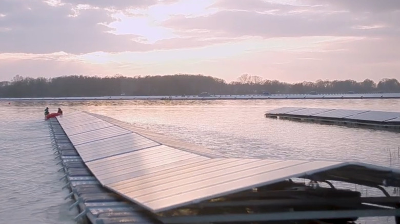 Solar panels installed on a lake at Bomhofsplas Solar Farm in the Netherlands