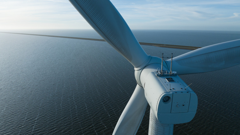 Offshore wind turbines, close up view, winds and generate vast amounts of energy. Afsluitdijk, The Netherlands.