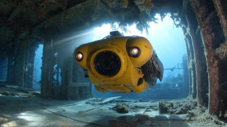 Small yellow submersible exploring an underwater wreck structure.